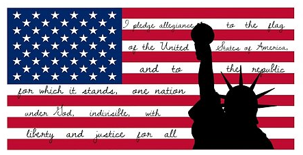 USA FLAG WITH STATUE AND PLEDGE
